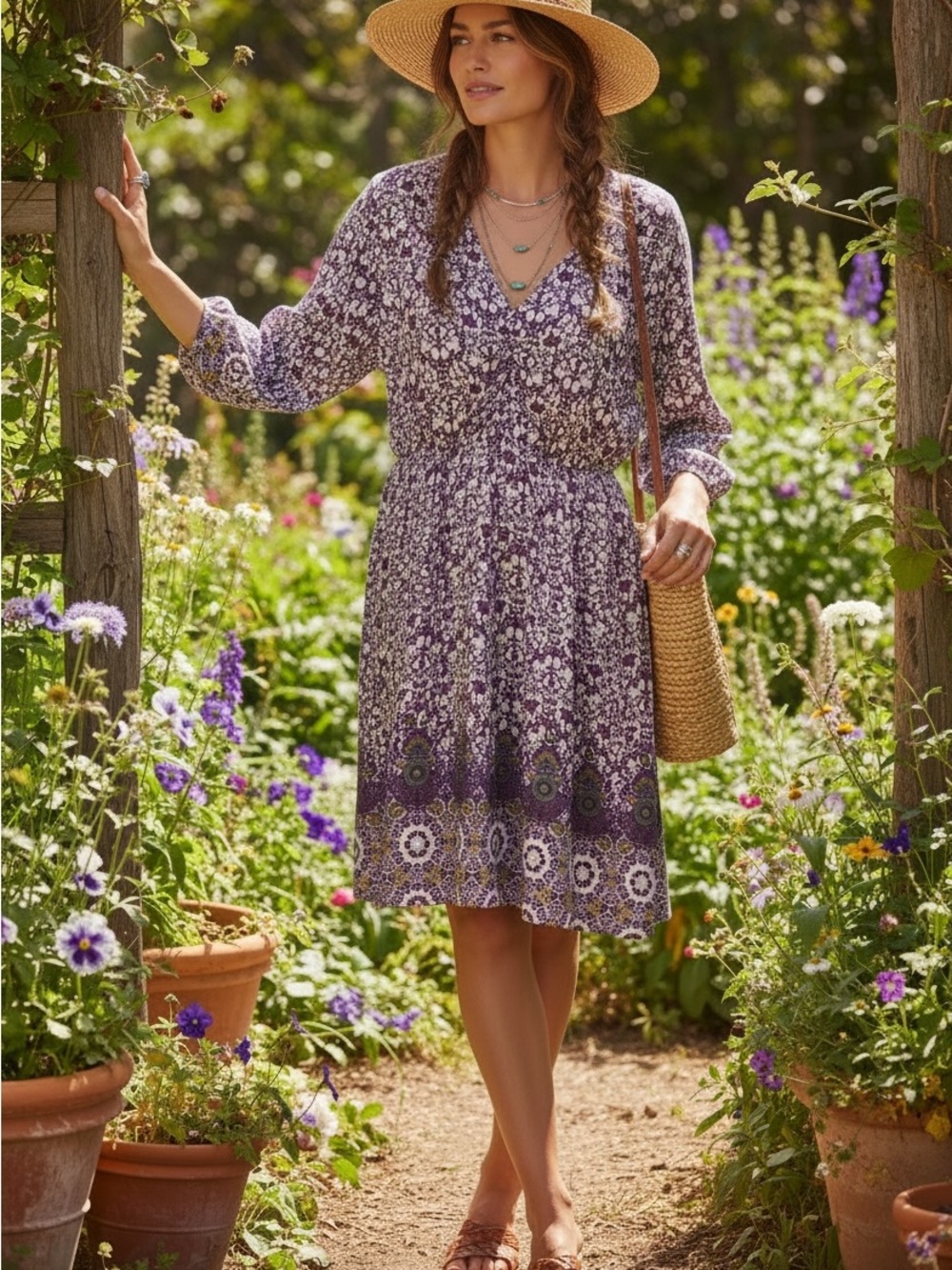 Boho V-Neck Floral Dress with Border Hem Size L